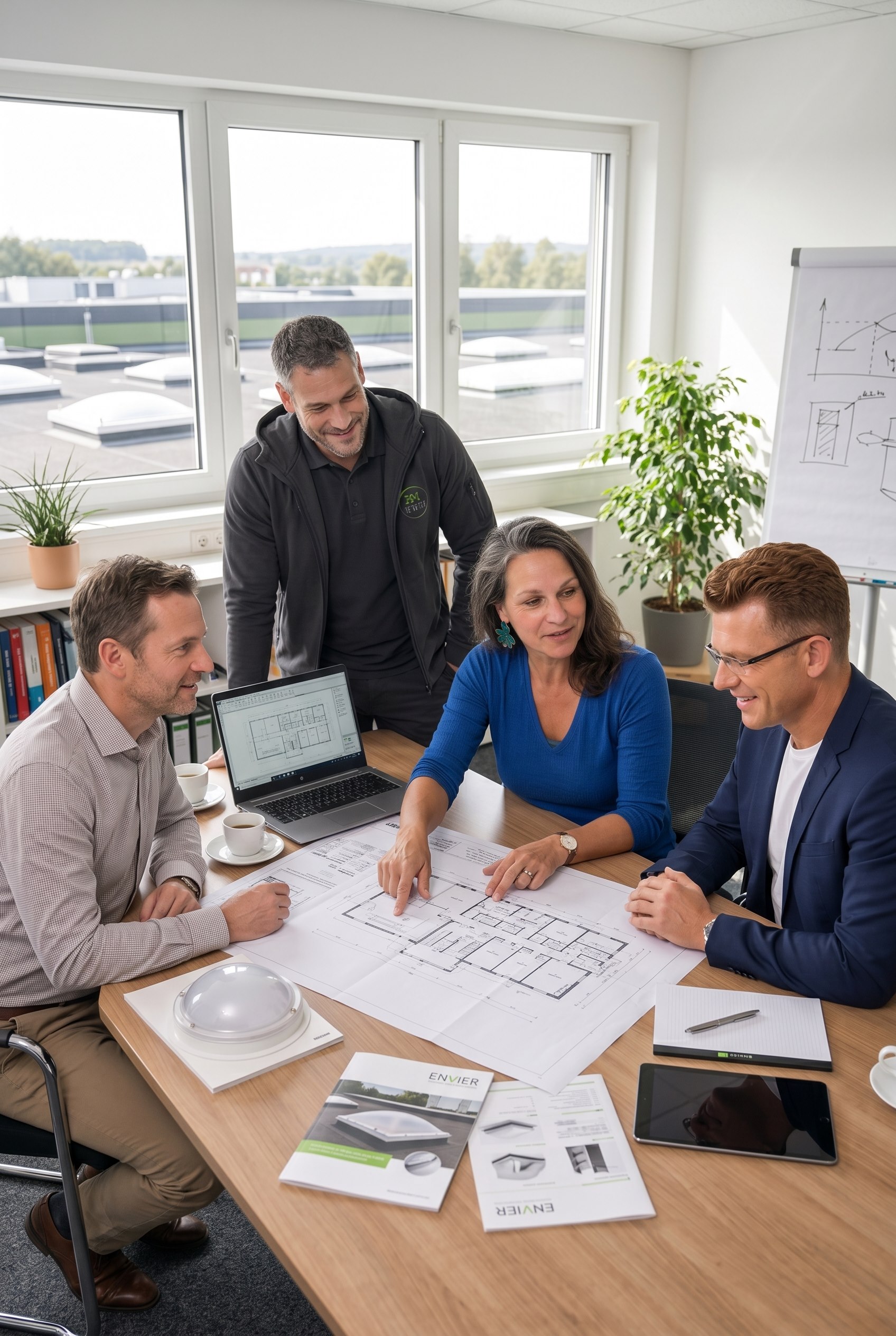 Projektbesprechung mit Plänen und Tageslichtsystemen